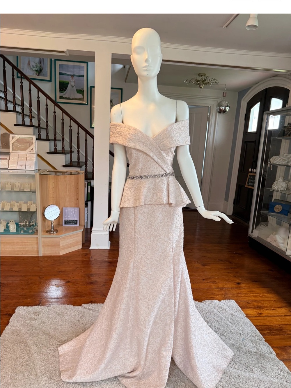 Terani Couture Blush Off-Shoulder Peplum Lace Maxi Dress